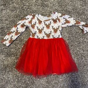 Reindeer Print Dress with Red Tulle Skirt